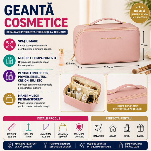 1+1 GRATIS Geanta cosmetice si parfumuri, cu maner, ideal geanta bagaj, Roz