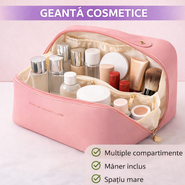 1+1 GRATIS Geanta cosmetice si parfumuri, cu maner, ideal geanta bagaj, Roz