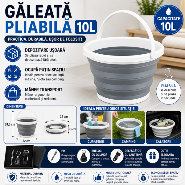 1+1 GRATIS Galeata pliabila, cu maner, Marime L - 10 Litri