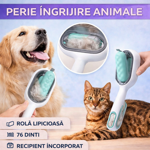 1+1 GRATIS Perie pentru ingrijirea animalelor de companie, indepartarea parului cazut, cu baza de autocuratare, piepteni tari si rola lipicioasa pentru scame, Verde