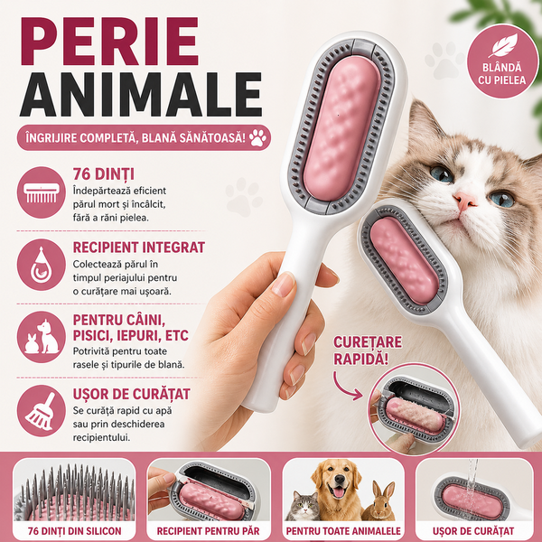 1+1 GRATIS Perie pentru ingrijirea animalelor de companie, indepartarea parului cazut, cu baza de autocuratare, piepteni tari si rola lipicioasa pentru scame, Roz