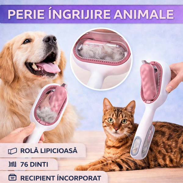 1+1 GRATIS Perie pentru ingrijirea animalelor de companie, indepartarea parului cazut, cu baza de autocuratare, piepteni tari si rola lipicioasa pentru scame, Roz