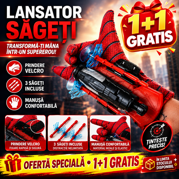 1+1 GRATIS Lansator de Sageti, Manusa lui SpiderMan, din material textil cu lansator si trei sageti, pentru copii