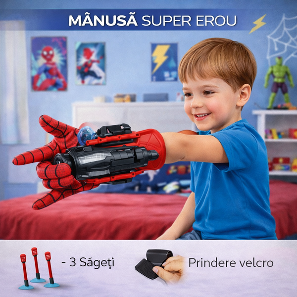 1+1 GRATIS Lansator de Sageti, Manusa lui SpiderMan, din material textil cu lansator si trei sageti, pentru copii