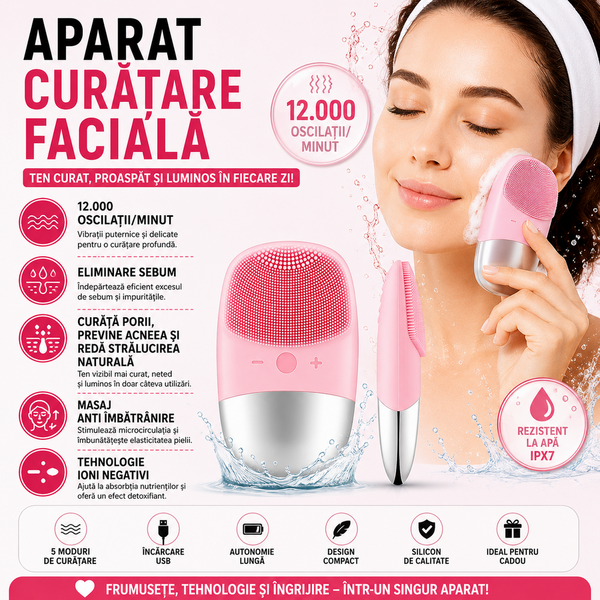 1+1 GRATIS Dispozitiv de curatare faciala portabil, 12000 oscilatii/minut, viteza ajustabila, acumulator 400mAh, tehnologie cu ioni negativi STH-55