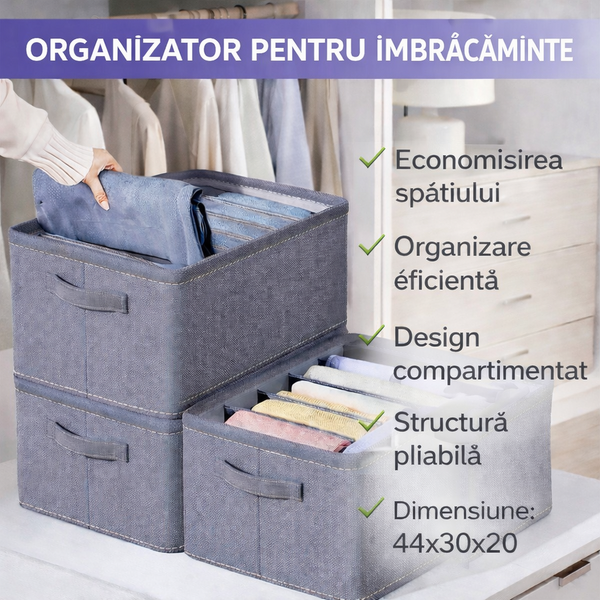 3+1 GRATIS Organizator imbracaminte cu 9 compartimente pentru blugi, pulovere, camasi, 44x30x20 Gri