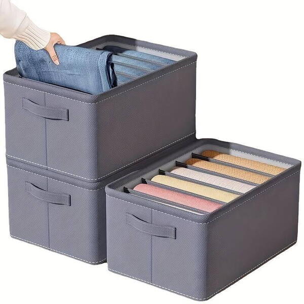 3+1 GRATIS Organizator imbracaminte cu 9 compartimente pentru blugi, pulovere, camasi, 44x30x20 Gri
