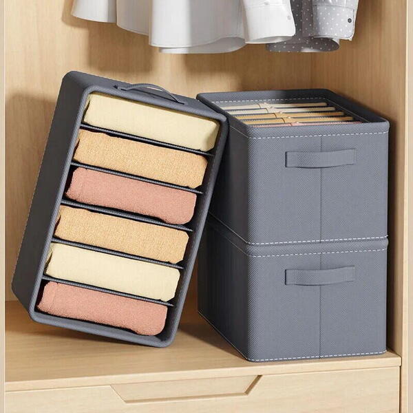 3+1 GRATIS Organizator imbracaminte cu 9 compartimente pentru blugi, pulovere, camasi, 44x30x20 Gri