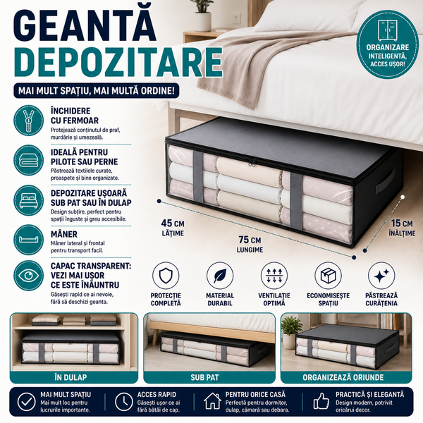 1+1 GRATIS Geanta depozitare haine sub pat, Inchidere cu fermoar, Rezistent la praf si umiditate, Durabil, Respirabil, Usor de pliat si curatat, 60*45*15cm, Negru