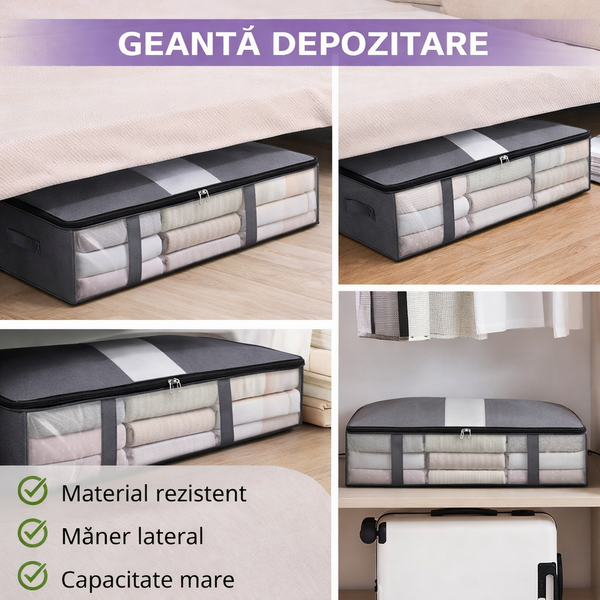 1+1 GRATIS Geanta depozitare haine sub pat, Inchidere cu fermoar, Rezistent la praf si umiditate, Durabil, Respirabil, Usor de pliat si curatat, 60*45*15cm, Negru