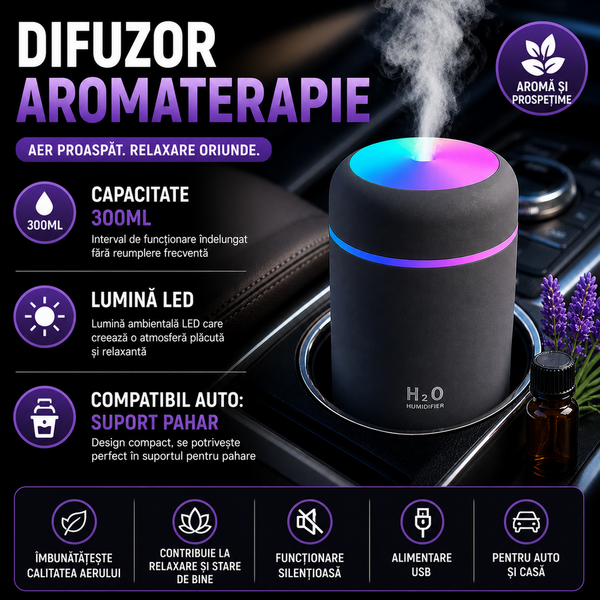 1+1 GRATIS Umidificator de aer cu ultrasunete, difuzor aromaterapie 300ML, cu iluminat LED, pentru casa, birou si masina STH-4