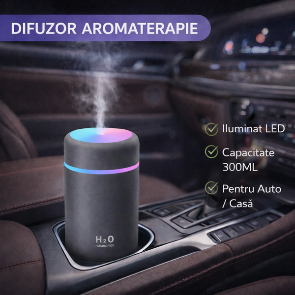 1+1 GRATIS Umidificator de aer cu ultrasunete, difuzor aromaterapie 300ML, cu iluminat LED, pentru casa, birou si masina STH-4