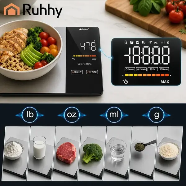 Cantar smart de bucatarie, Bluetooth, 5 kg, precizie 1 g, aplicatie Fitdays+, Analiza calorii si macronutrienti, Inox