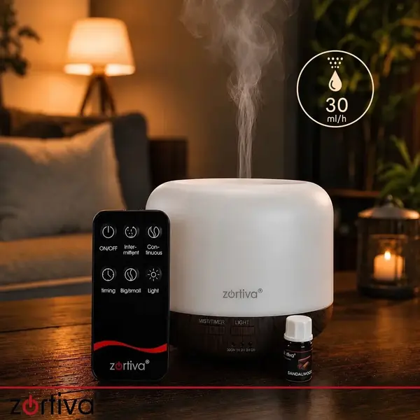 Difuzor de ulei esential, Aromaterapie, Umidificator de aer, Rezervor 300ML, Telecomanda si lumina veghe ajustabila 8 Culori + 1 Ulei Cadou