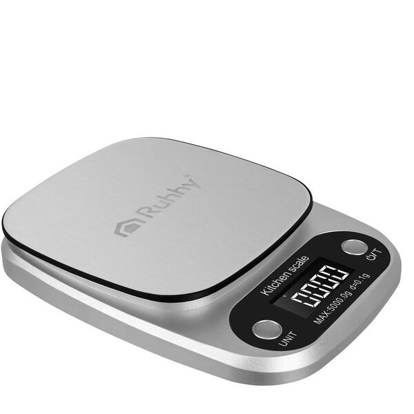 Cantar electronic de bucatarie, precizie 0,1 g, capacitate 5 kg, functie tara, 8 unitati de masura, inox